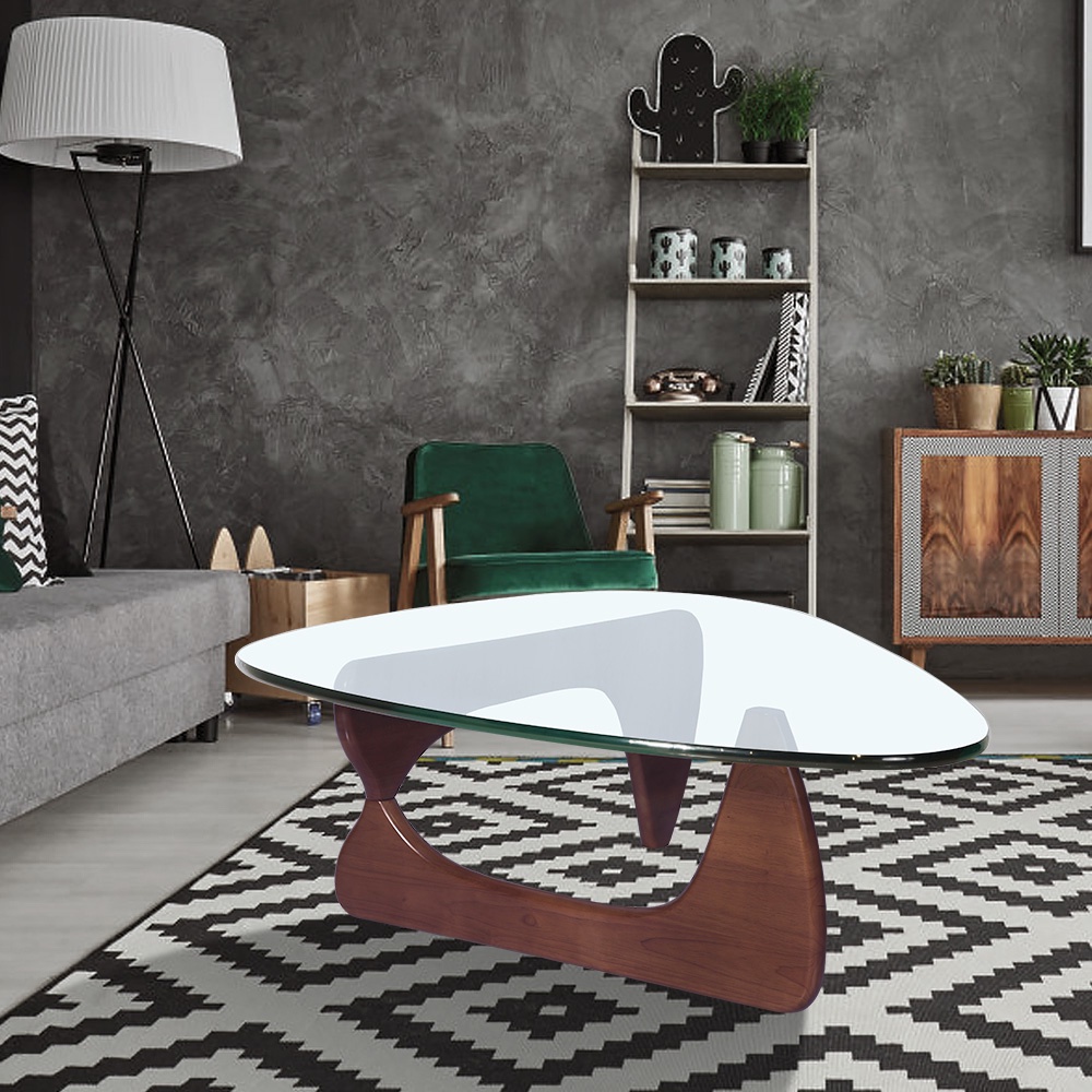 Bàn trà, bàn sofa phòng khách IBIE Noguchi mặt kính cường lực 13ly, chân xoay gỗ ash, tùy chọn kích thước, màu sắc