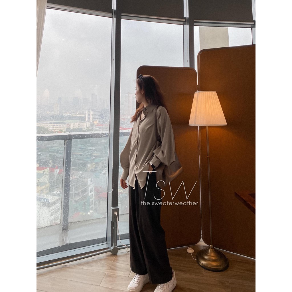 Áo sơ mi nữ dài tay trơn voan lụa tay bồng form rộng oversize công sở - The Sweater Weather