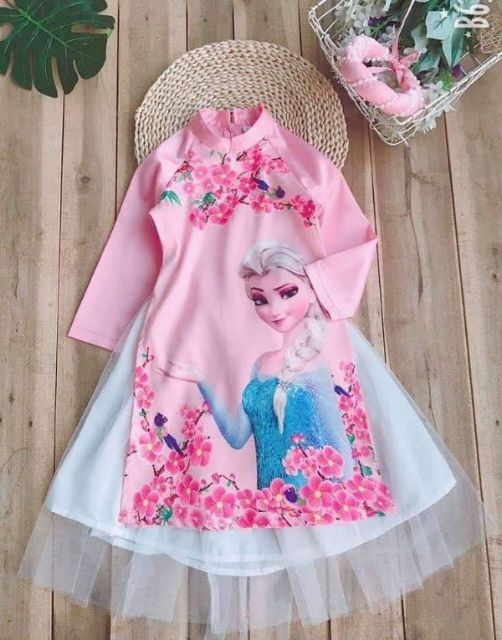 Áo dài gấm 3D hình công chúa Elsa + váy voan 2 lớp+ mấn ngọc cho bé