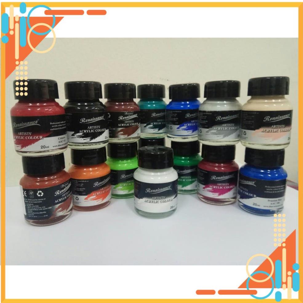 Lọ màu vẽ Acrylic thủy tinh 22 màu lọ 20ml Renaissance, màu nước hòa tan che phủ tốt FREE SHIP