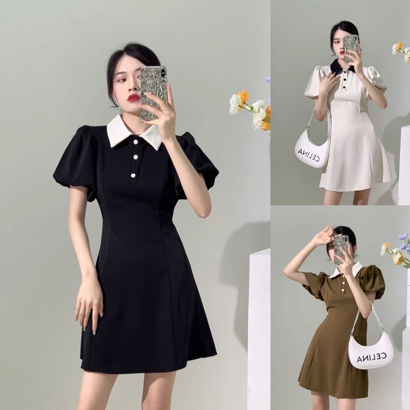 Váy Tay Phồng Cổ Bẻ 3 Màu Siêu Xinh Có Ảnh Thật