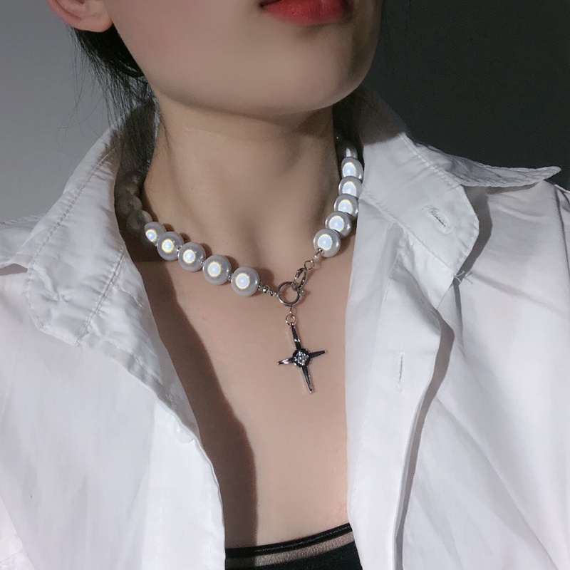 Vòng cổ chuỗi hạt ngọc trai nhân tạo mặt hình chữ thập phát sáng thời trang cho nữ