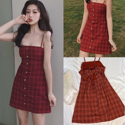 Đầm 2 dây hở lưng kẻ đỏ ❤️FREESHIP❤️ Váy đi biển đẹp