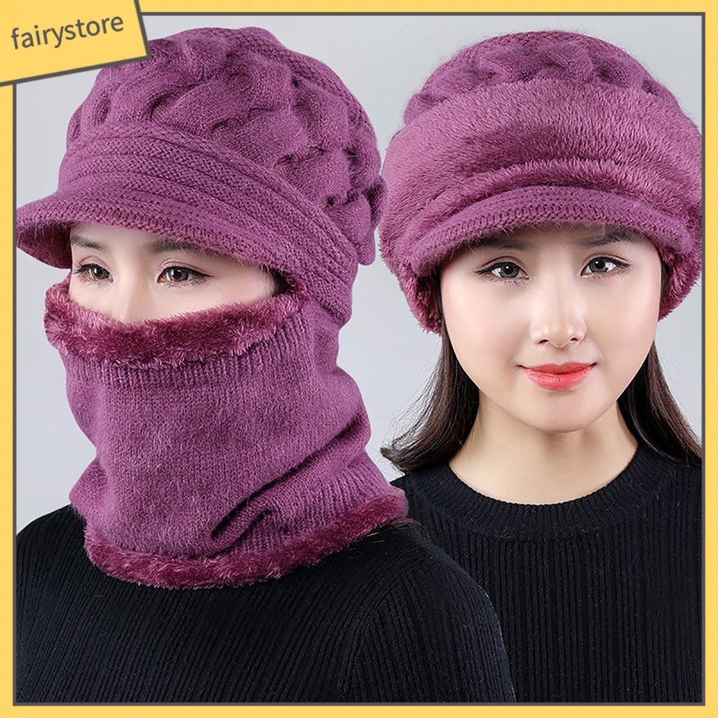 Mũ Trùm Đầu Dệt Kim Kèm Khăn Choàng Cổ Giữ Ấm Cho Nữ