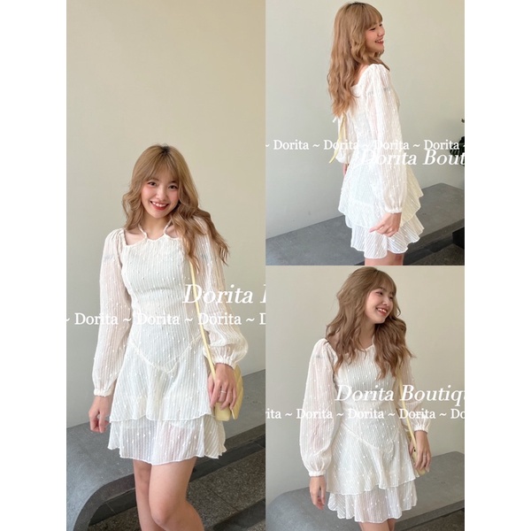 Váy cổ yếm khoét vai tiểu thư, Đẩm cổ yếm khoét vai Baby - Dorita Boutique