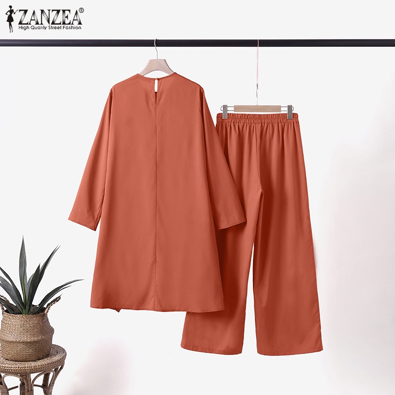 Bộ quần áo ZANZEA đính kim sa tay dài với quần ống rộng trơn màu dành cho phụ nữ Hồi giáo