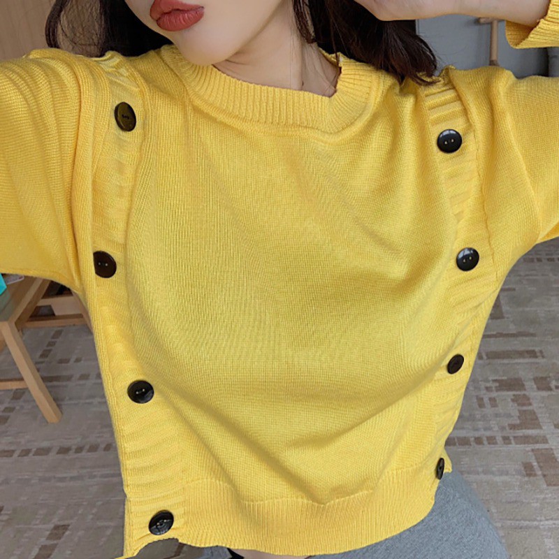 Women Long Sleeve Cute Solid Color Loose Round Collar Button Sweater | BigBuy360 - bigbuy360.vn