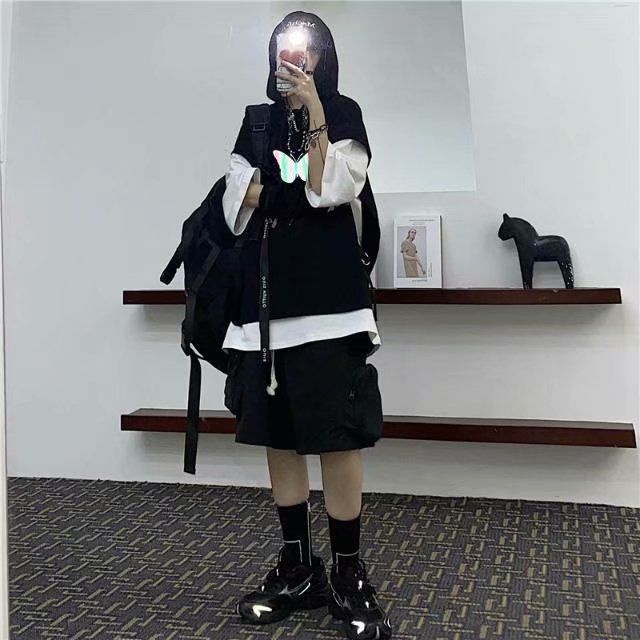 Áo hoodie giả hai lớp/ Áo thun trơn tay ngắn màu tối thời trang mùa hè phong cách thời trang cho cặp đôi