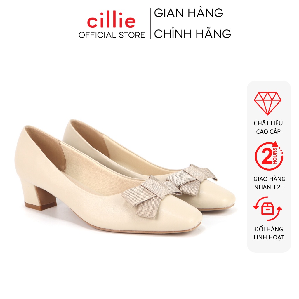 Giày cao gót nữ mũi vuông phối nơ nhẹ nhàng gót cao 3cm đi làm đi học Cillie 1004