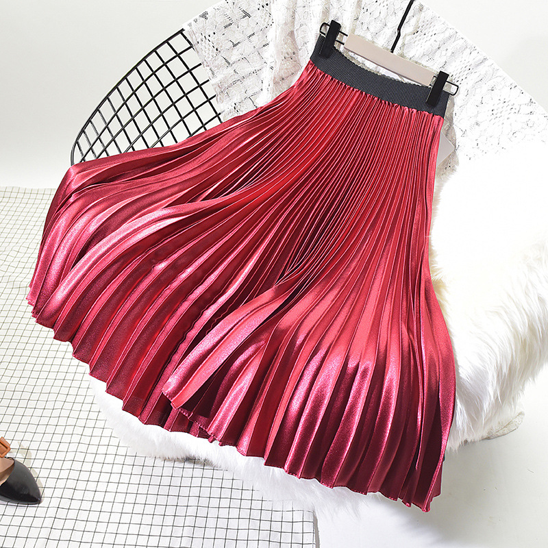 Chân Váy Dáng Chữ A Xếp Ly Vải Satin Phong Cách Hàn Quốc