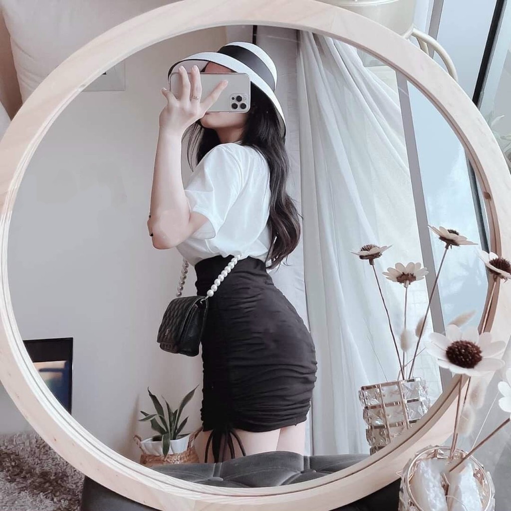 Set Bộ Áo Phông In Chữ Và Chân Váy Ôm Rút Dây Hai Bên Thời Trang Nữ Rose Fashion