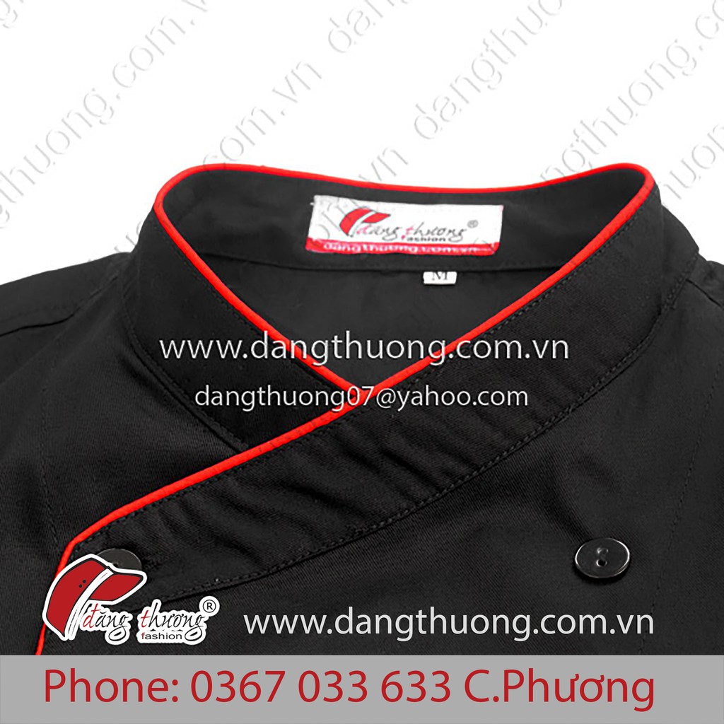Áo đầu bếp nhà hàng khách sạn màu đen viền đỏ tay ngắn tay dài