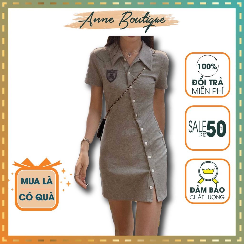 Váy 10 Cúc Chéo Thêu Logo Hai Màu Xám Đen Form Ôm Tôn Dáng Chân Cực Xinh Anne Boutique Mã 1001