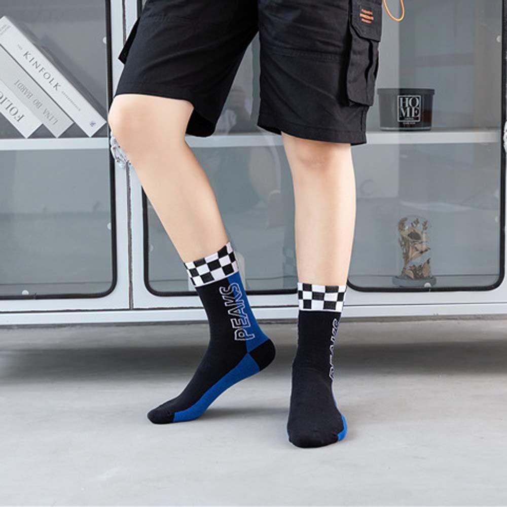 Vớ Cotton Cổ Vừa Họa Tiết Hình Học / Sọc Caro Đen / Xanh Dương Phong Cách Harajuku Thoải Mái Cho Nam Và Nữ