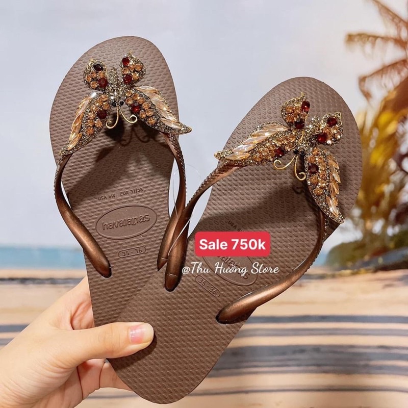 Dép HVN Nữ slim nâu cafe mix bươm' chúa