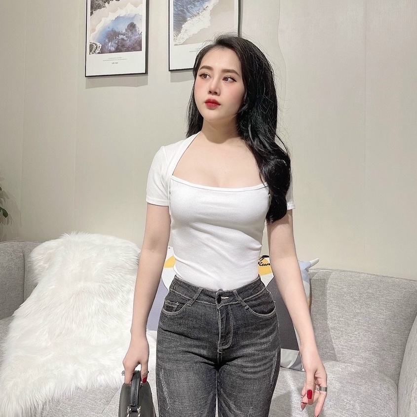 Áo thun nữ ôm body kiểu cổ vuông tay ngắn chất cotton mềm mại phong cách