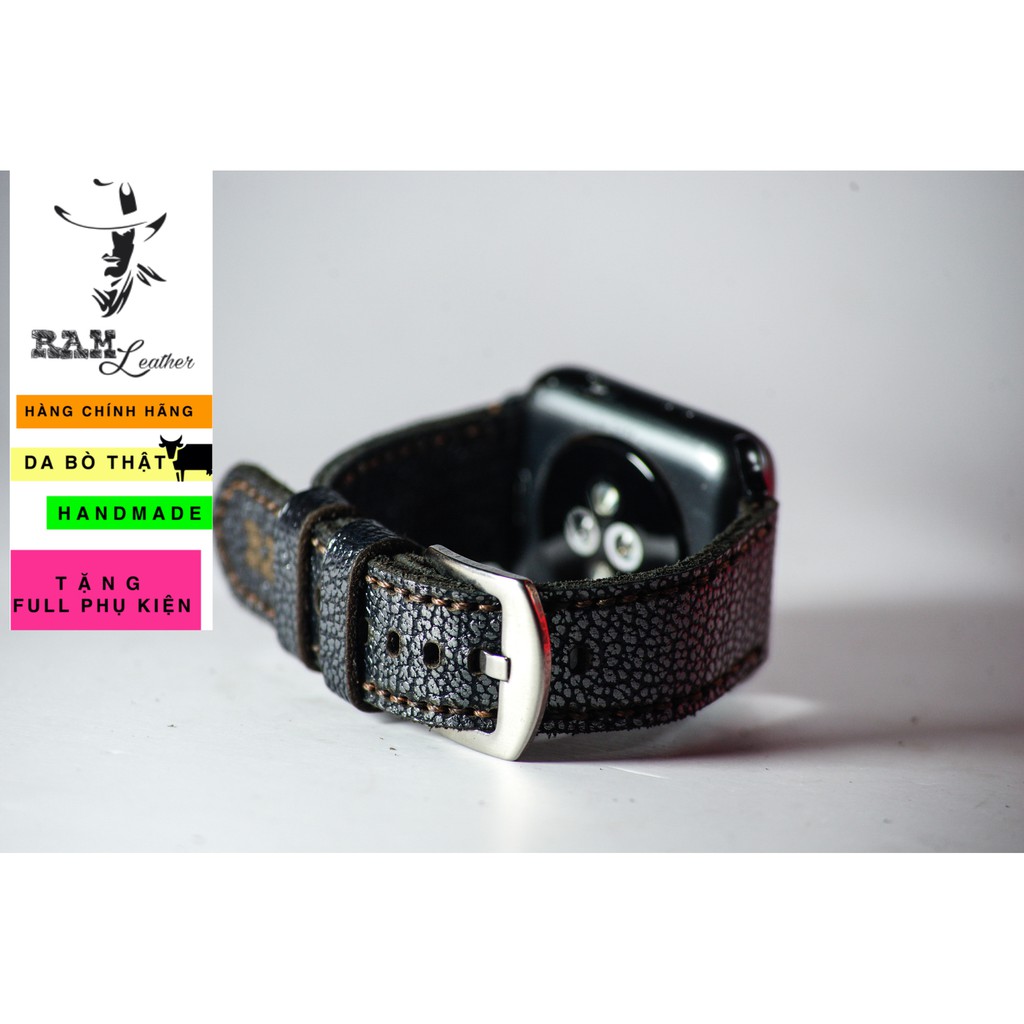 Dây Apple Watch , iWatch , iphone Watch da bò vân cá mập vintage RAM Leather classic 1956 đen thép