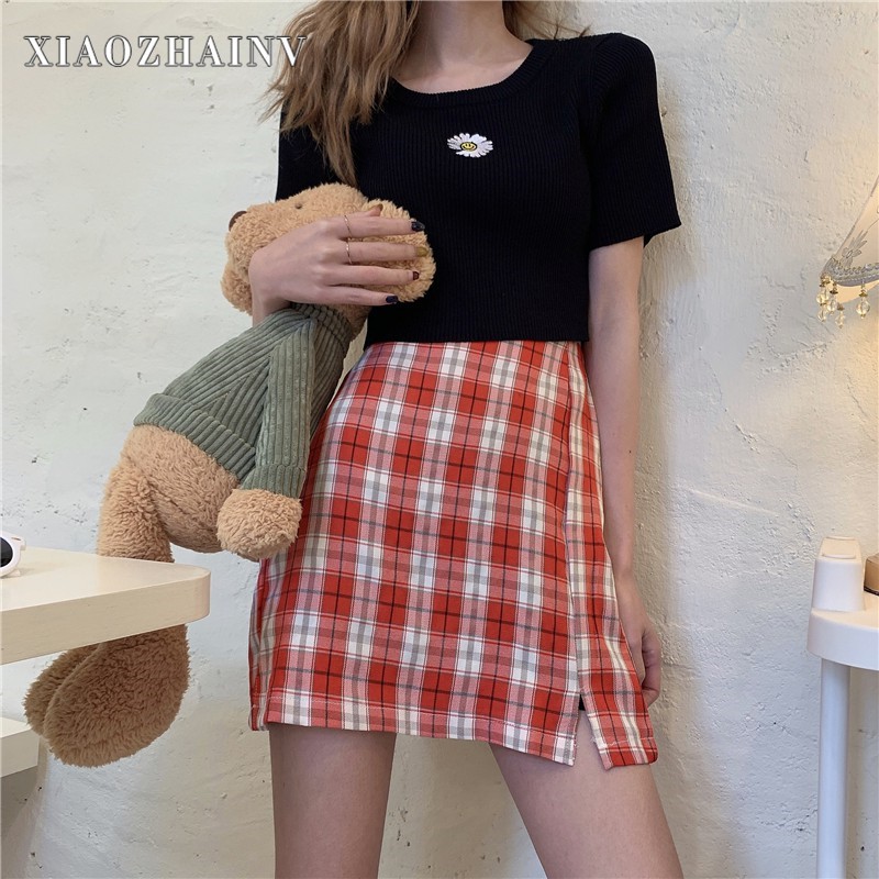 Xiaozhainv Chân váy ngắn chữ A lưng cao xẻ tà họa tiết lưới thời trang Hàn Quốc cổ điển | BigBuy360 - bigbuy360.vn