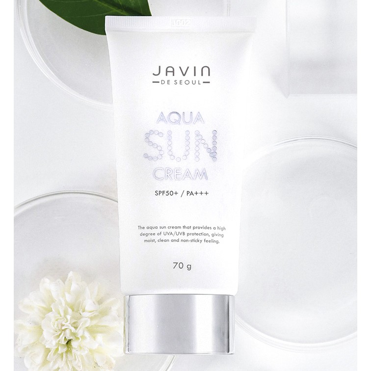 Kem chống nắng trắng da cao cấp Javin Tiara Aqua Sun Cream SPF 50+/PA Hàn 70ml/Tuýp Và 1 gói tẩy da chết Beauskin 3g/gói