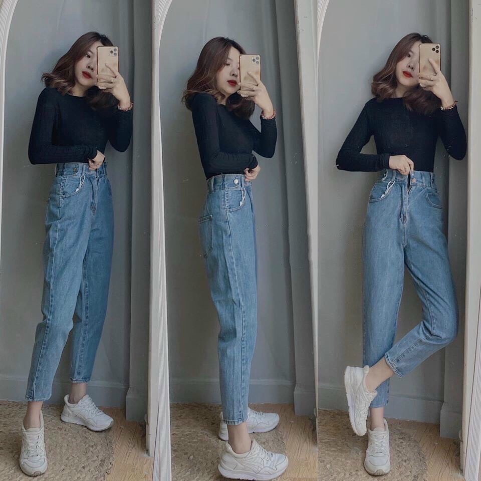 Quần Baggy Jean Trơn Lưng Thun Sau, Quần Baggy Nữ Nút Hông ULZZANG Cực Chất - 404