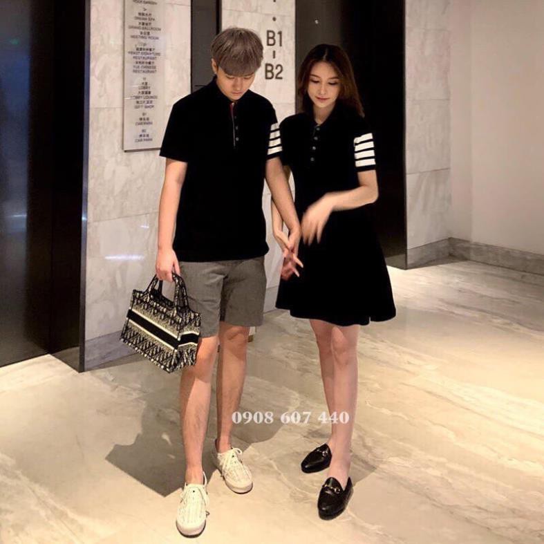 ✑▥Đồ cặp nam nữ váy thun cổ bẻ tay sọc phối cùng áo