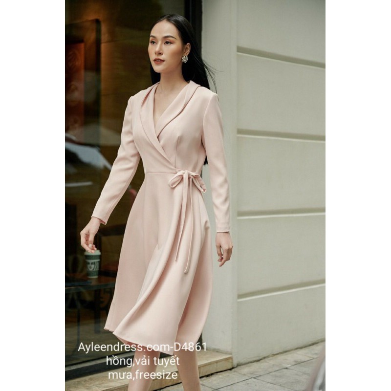 Đầm xòe cổ vest tay dài cột eo