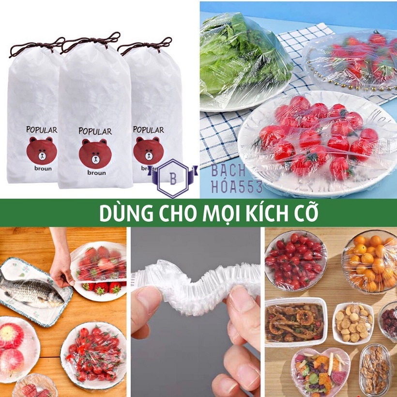 Set 100 màng bọc thực phẩm đa năng có chun có dãn họa tiết gấu