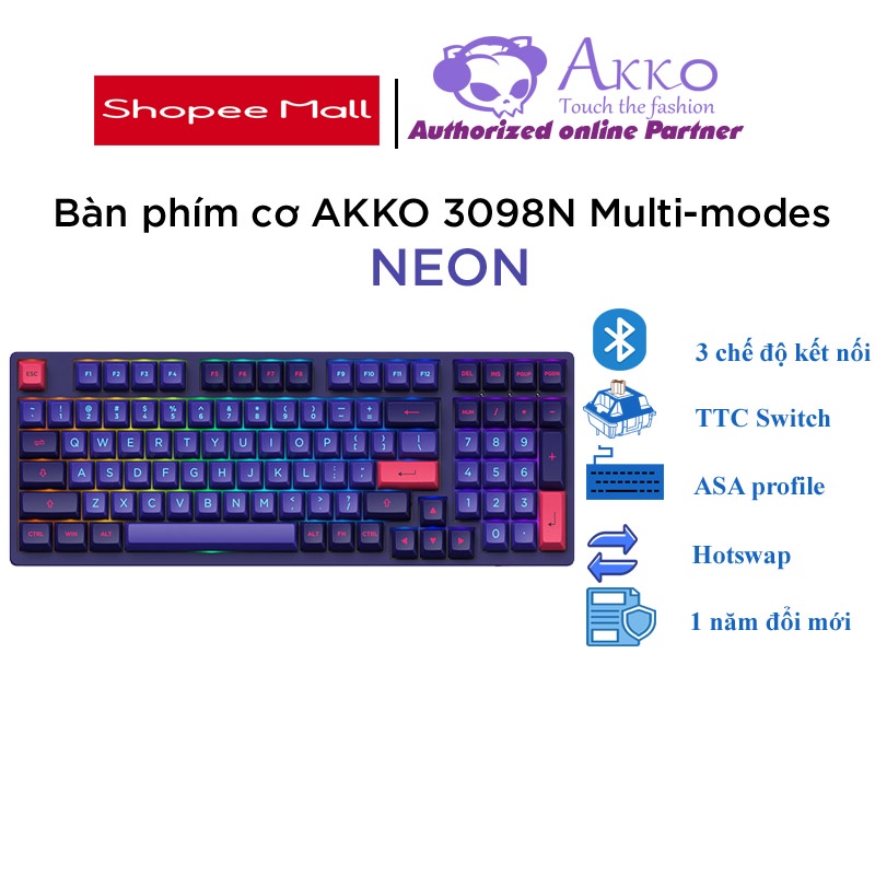 Bàn phím cơ AKKO 3098N Multi-modes NEON (Bluetooth 5.0 / Wireless 2.4Ghz / Hotswap / Foam tiêu âm / Foam đáy / TTC)