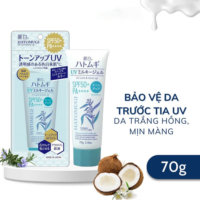 Kem chống nắng Hatomugi nâng tone SPF 50+ tuýp nắp xanh bạc hà 70g