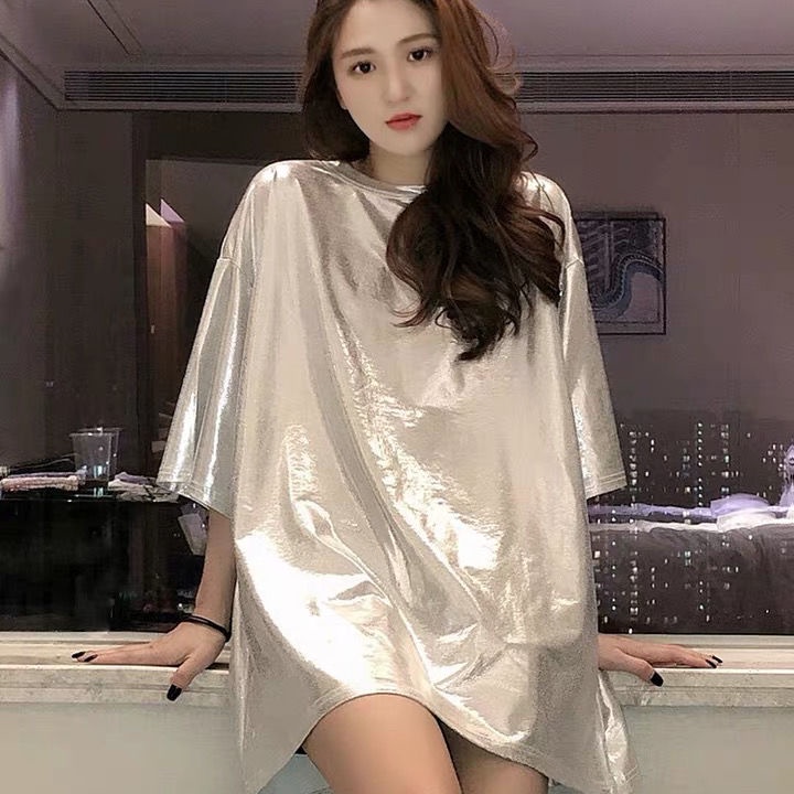 Áo thun ngắn tay dài vừa phải đính kim sa sáng bóng dáng rộng thời trang hè cho nữ