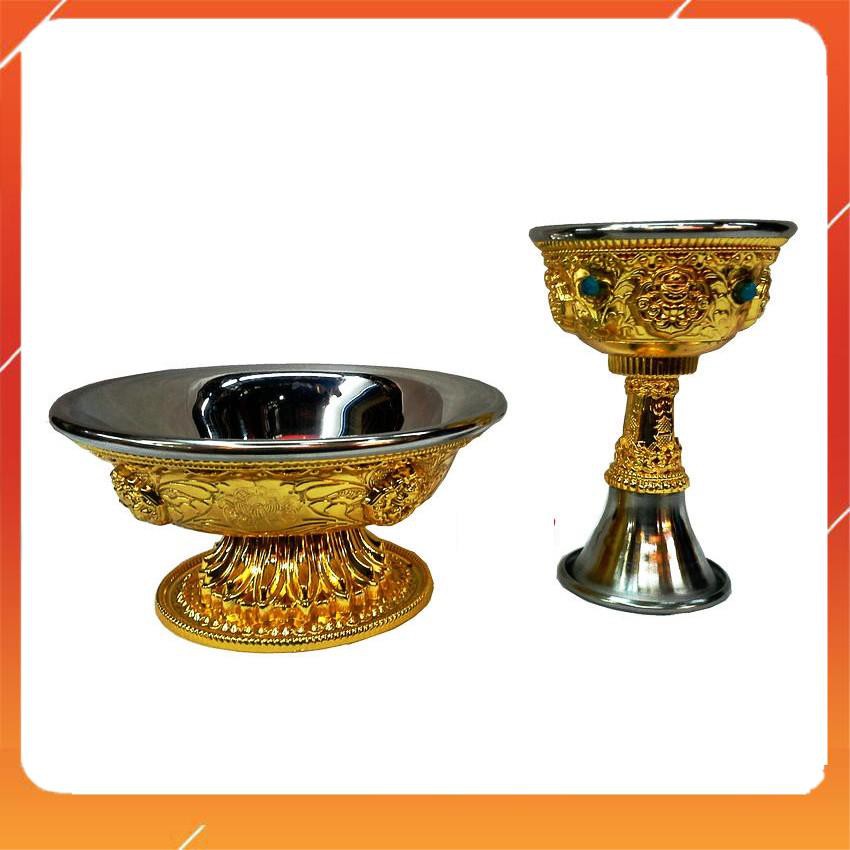 Bộ Ly Cúng Dường Hộ Pháp Đế Rời,Xi Vàng Tây Tạng dưới 6x11cm/ trên 10x6,5cm