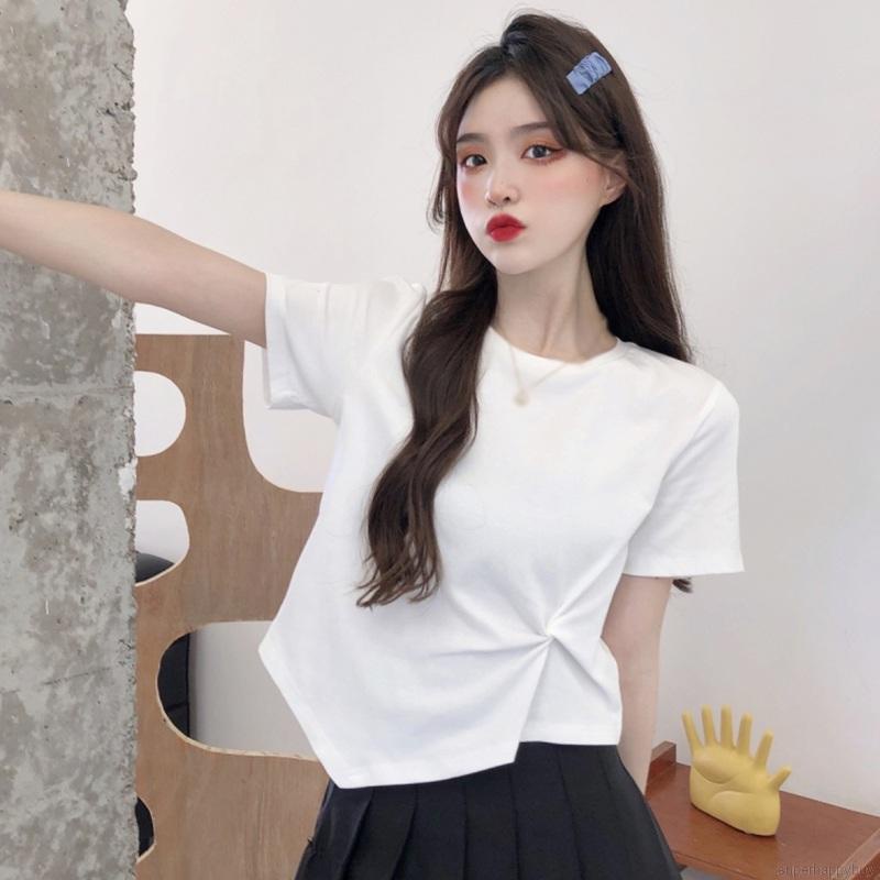 Áo thun tay ngắn cổ tròn màu trơn thiết kế lệch tà phong cách trẻ trung cho nữ