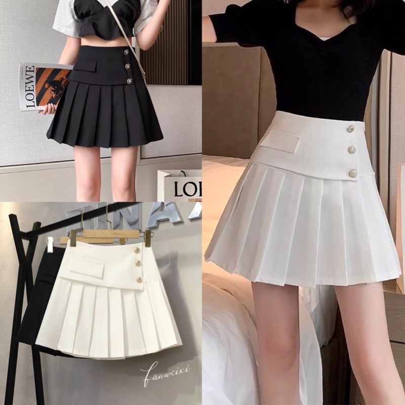 Chân váy xếp ly tennis lưng cao phối vạt chéo 3 cúc dáng xoè (có quần trong) về 2 màu trắng đen phong cách hàn quốc