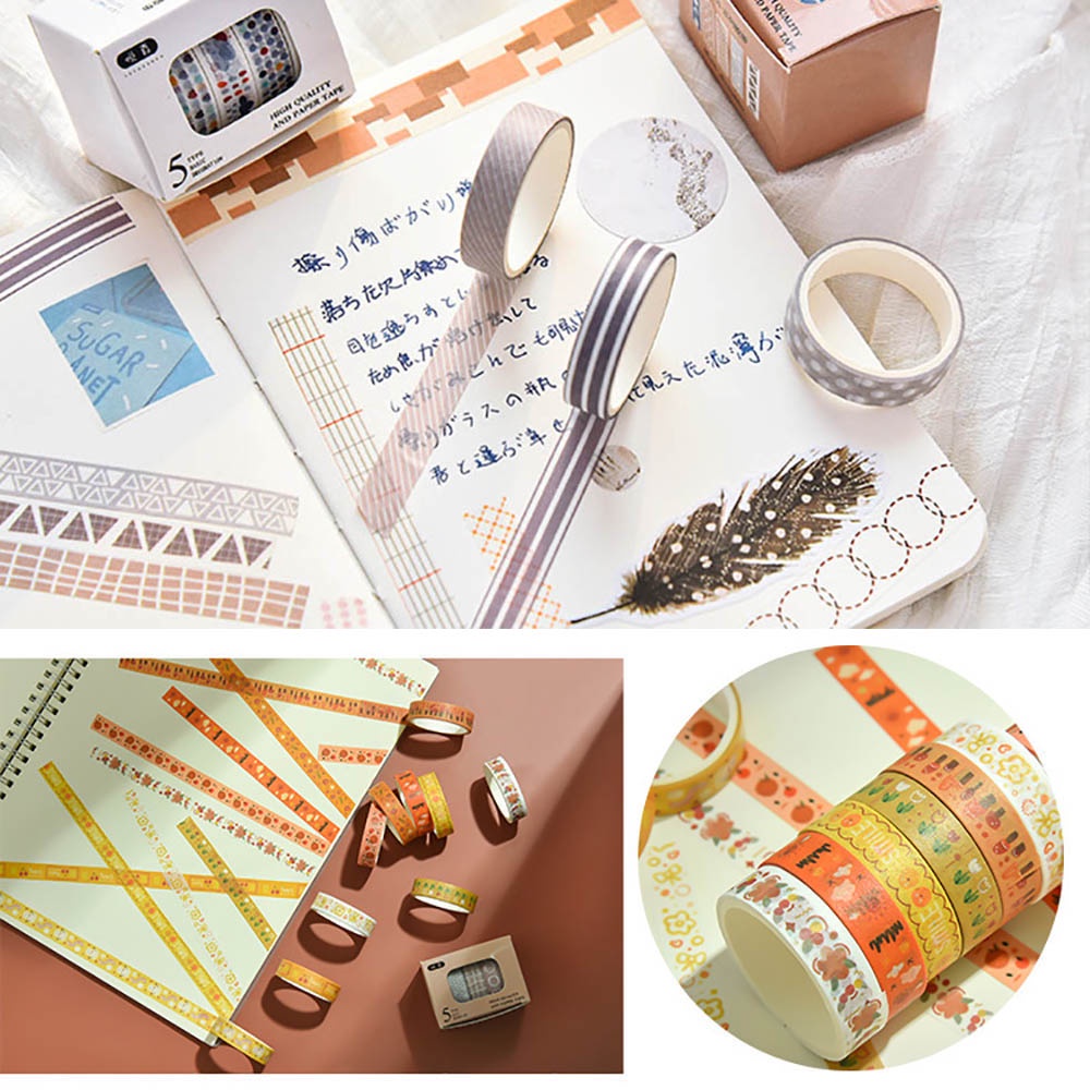 Set 5 Cuộn Băng Keo Washi Màu Trơn Dễ Thương Dùng Trang Trí Sổ Tay