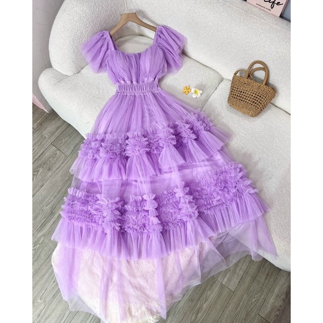 Đầm Maxi Đi Biển Lưới Tầng, Váy Đi Du Lịch ba màu tím và trắng và hồng