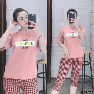 [Mẫu Mới] Đồ Bộ Mặc Nhà Quần Lửng Caro Áo In Chữ Đơn Giản Dễ Mặc Giá Cực Rẻ - DBL725