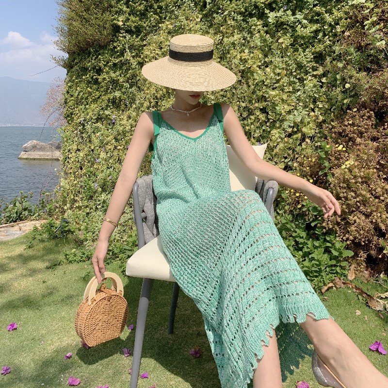Váy maxi đi biển lưới ren  đầm dài đi biển hở lưng bikini phong cách kiểu hàn quốc suông xuông mẫu 2022 DK1T207