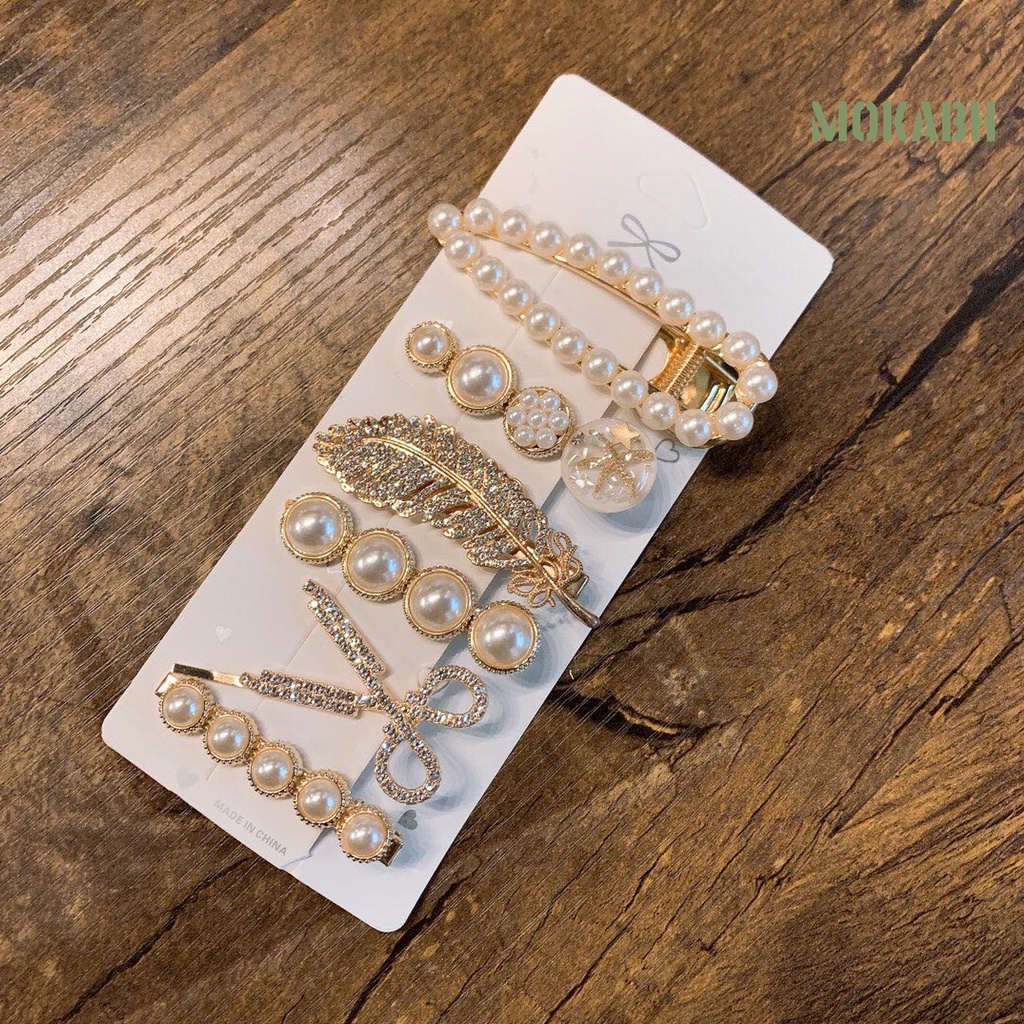 Set 6 Kẹp Tóc Hình Lông Vũ Đính Ngọc Trai Giả Thanh Lịch