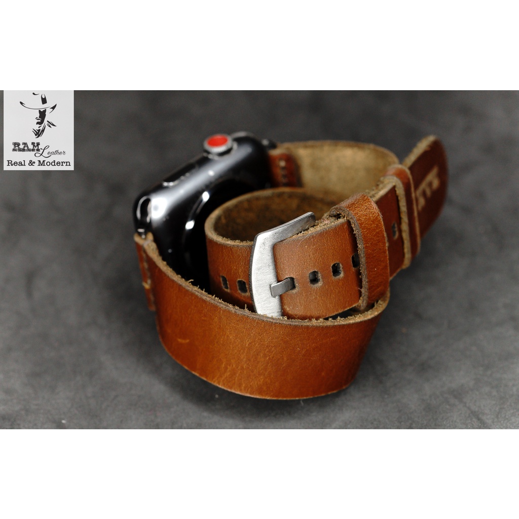 Dây đồng hồ da bò cao cấp màu nâu đỏ RAM Leather doublestrap - tặng khóa chốt và cây thay dây