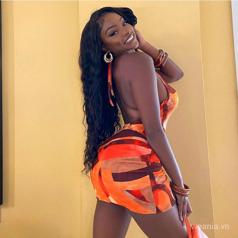 Đầm hai dây hở lưng in họa tiết nghệ thuật phong cách đường phố gợi cảm cho nữ