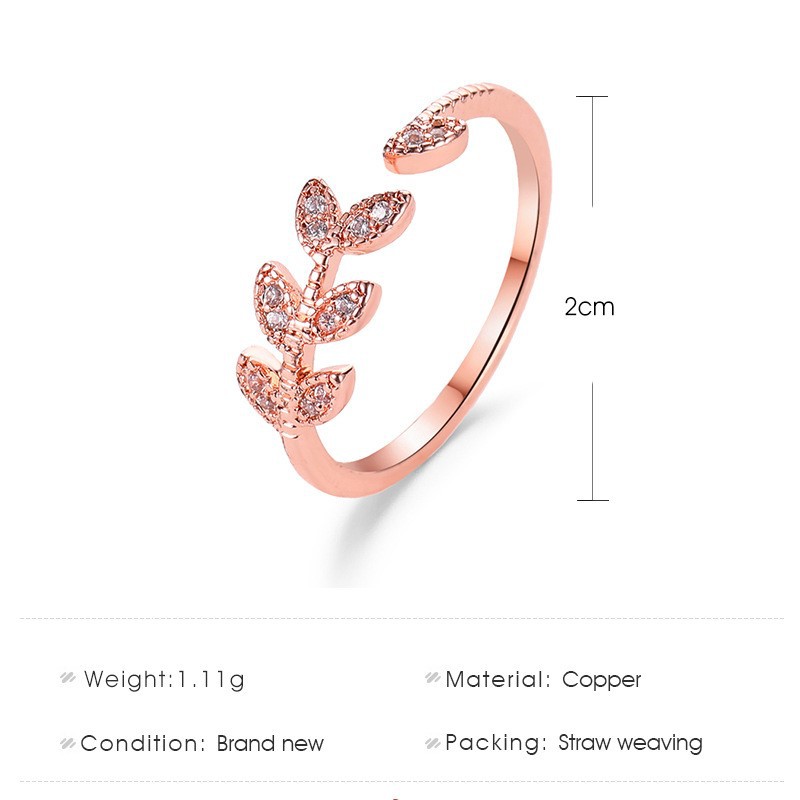 Nhẫn thiết kế hình chiếc lá đính hạt đá zircon nhân tạo đơn giản phong cách Hàn Quốc thời trang