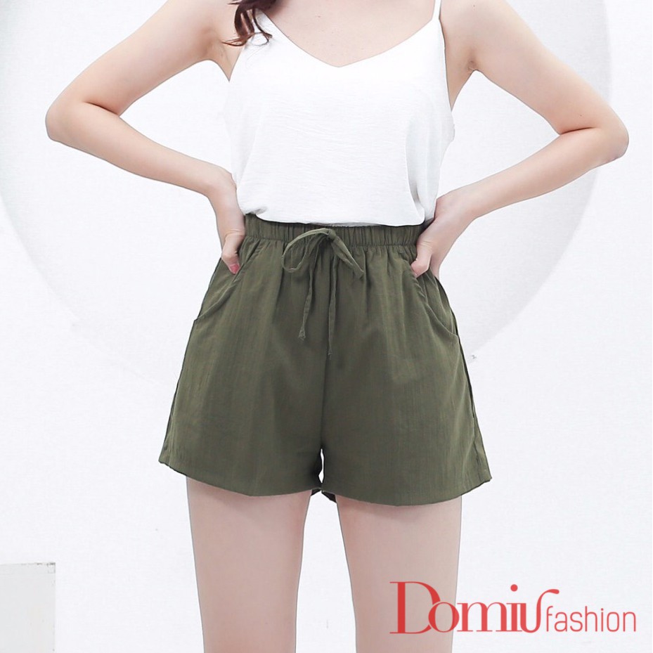 Quần shorts nữ đẹp ống rộng cạp chun chất đũi - QDD - DOMIU