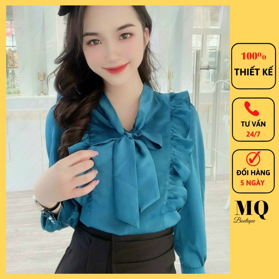 Áo sơ mi nữ lụa trơn dài tay cao cấp công sở thiết kế nơ cổ bèo vai tay bồng thanh lịch, áo sơ mi thiết kế MQ Boutique