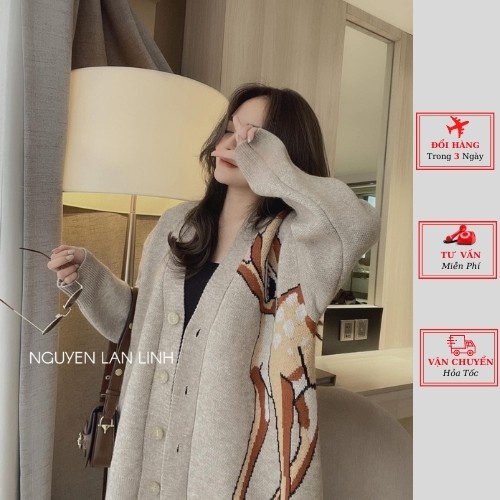 Áo cardigan len nữ oversize phom rộng hoa tiết hươu ulzzang Hàn Quốc cá tính