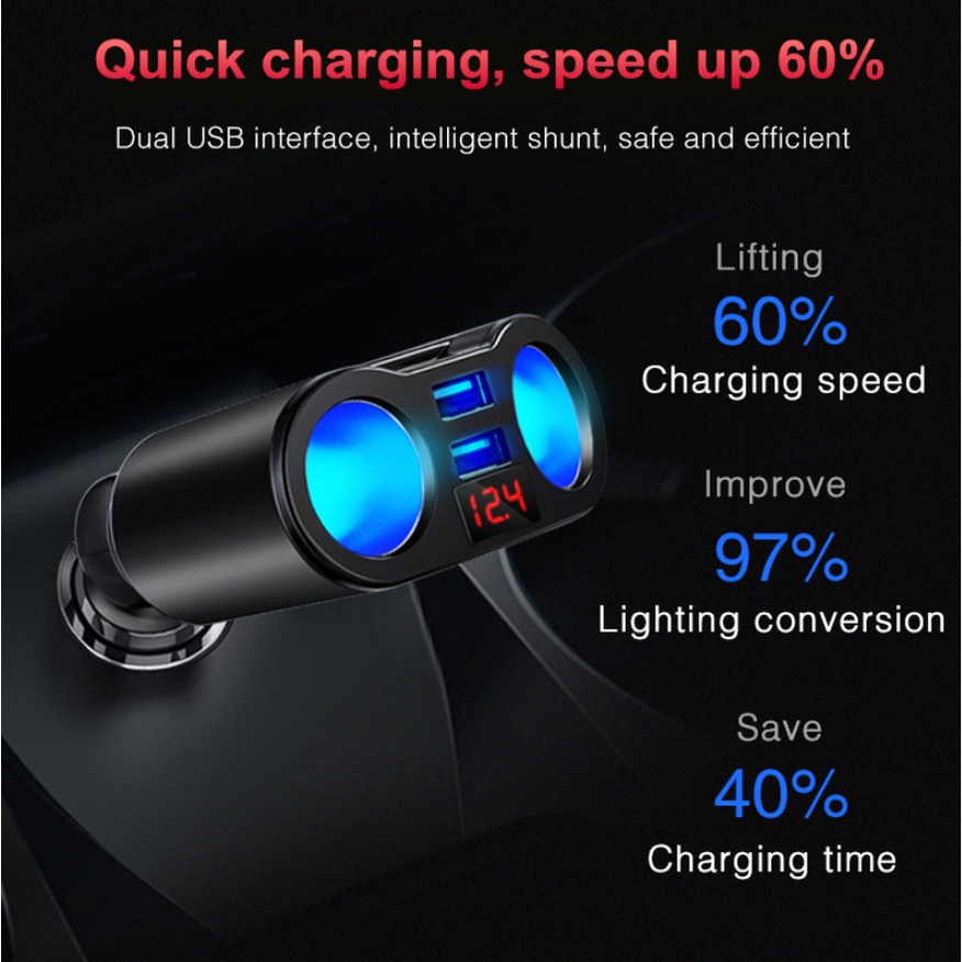 Tẩu Sạc Xe Hơi Hai Cổng USB & Bật Lửa Có Đèn LED Hiển Thị Điện Áp 5V 3.1A