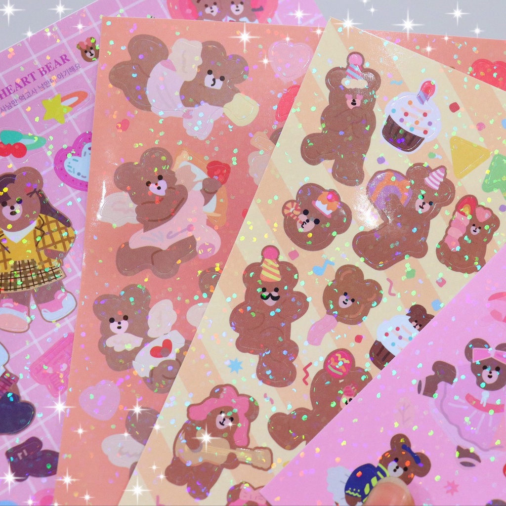 Sticker khổ vuông hình gấu lấp lánh trang trí sổ tay, đồ dùng cá nhân