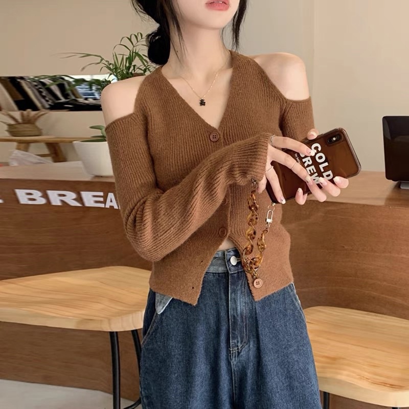 (ORDER TAOBAO) Áo len rớt vai nơ cột cổ có nút kèm feedback thật