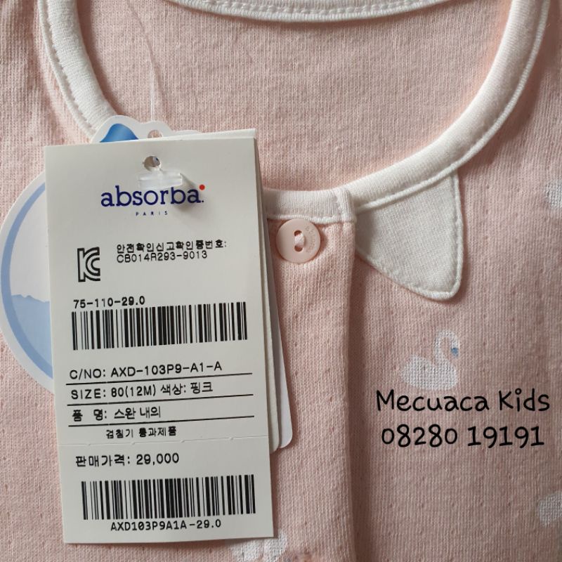 Bộ ngủ cotton dài tay mềm mỏng chần bông nhẹ hình thiên nga cho bé trai bé gái Absorba xuất Hàn dư xịn