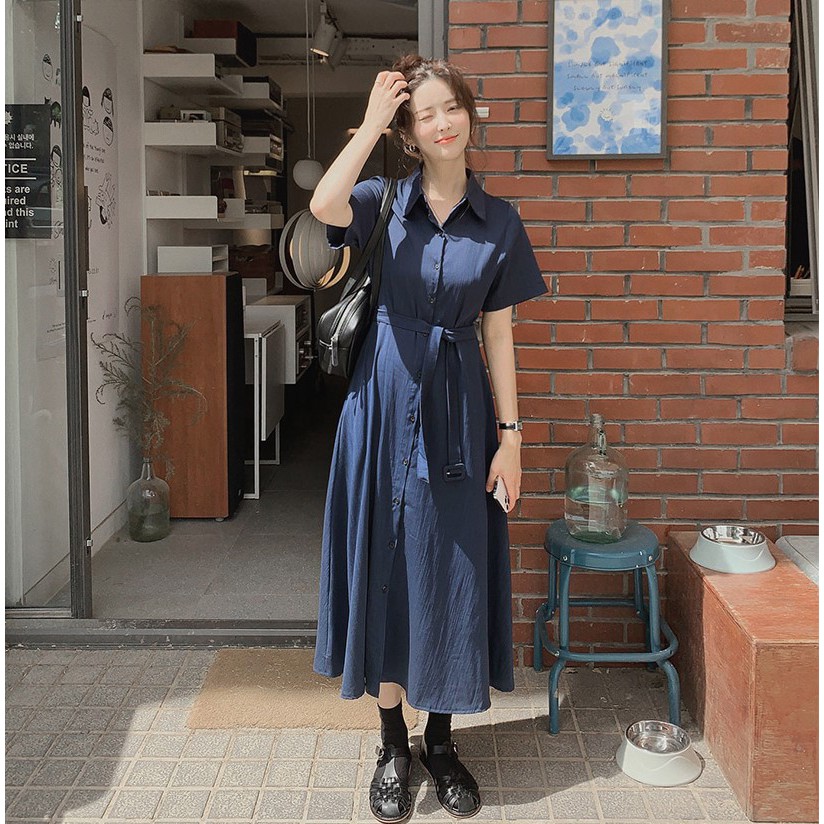 Đầm tay ngắn cổ bẻ thắt dây thời trang 43935