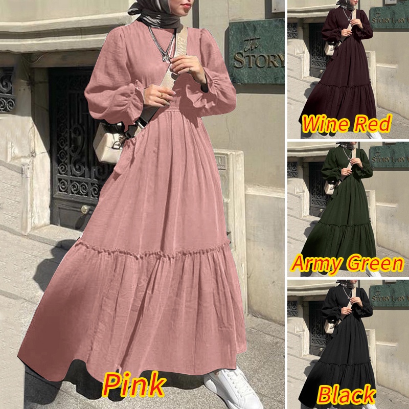 Đầm maxi ZANZEA dài tay phối bèo nhún màu trơn cho phụ nữ hồi giáo